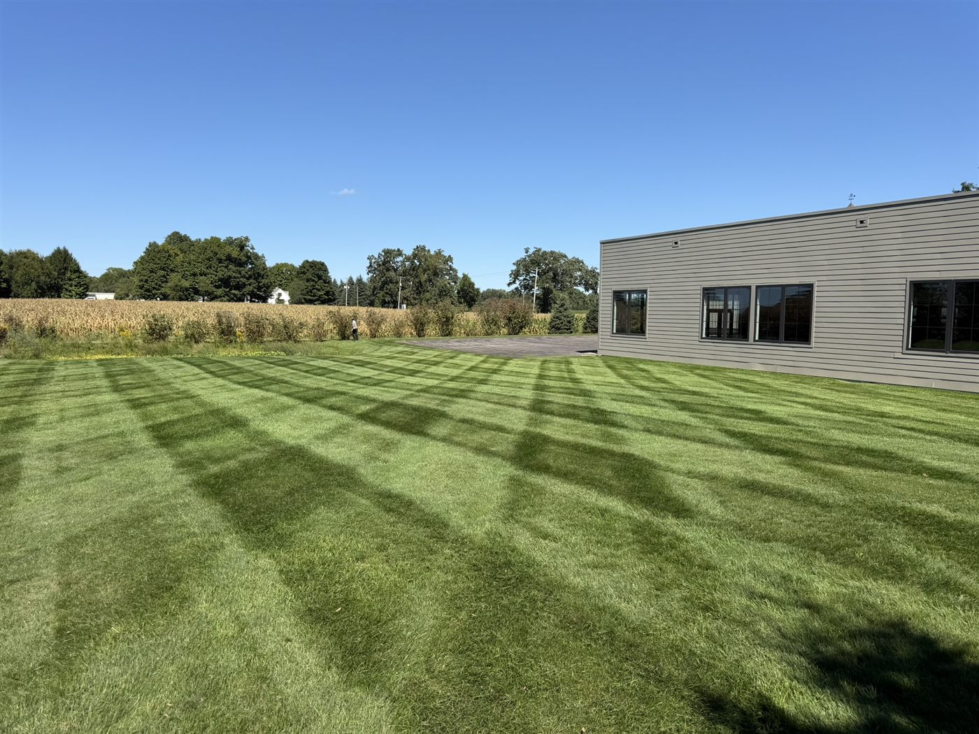 Freshly striped lawn beside a commercial building