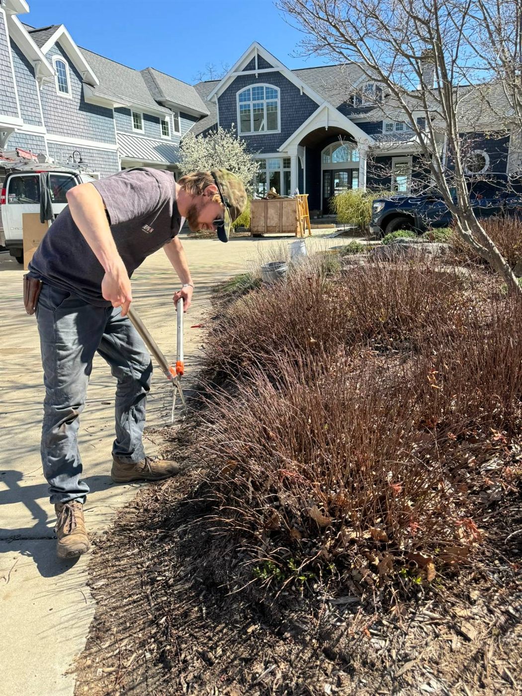 Jepson Landscaping team member pruning shrubs in a landscape bed