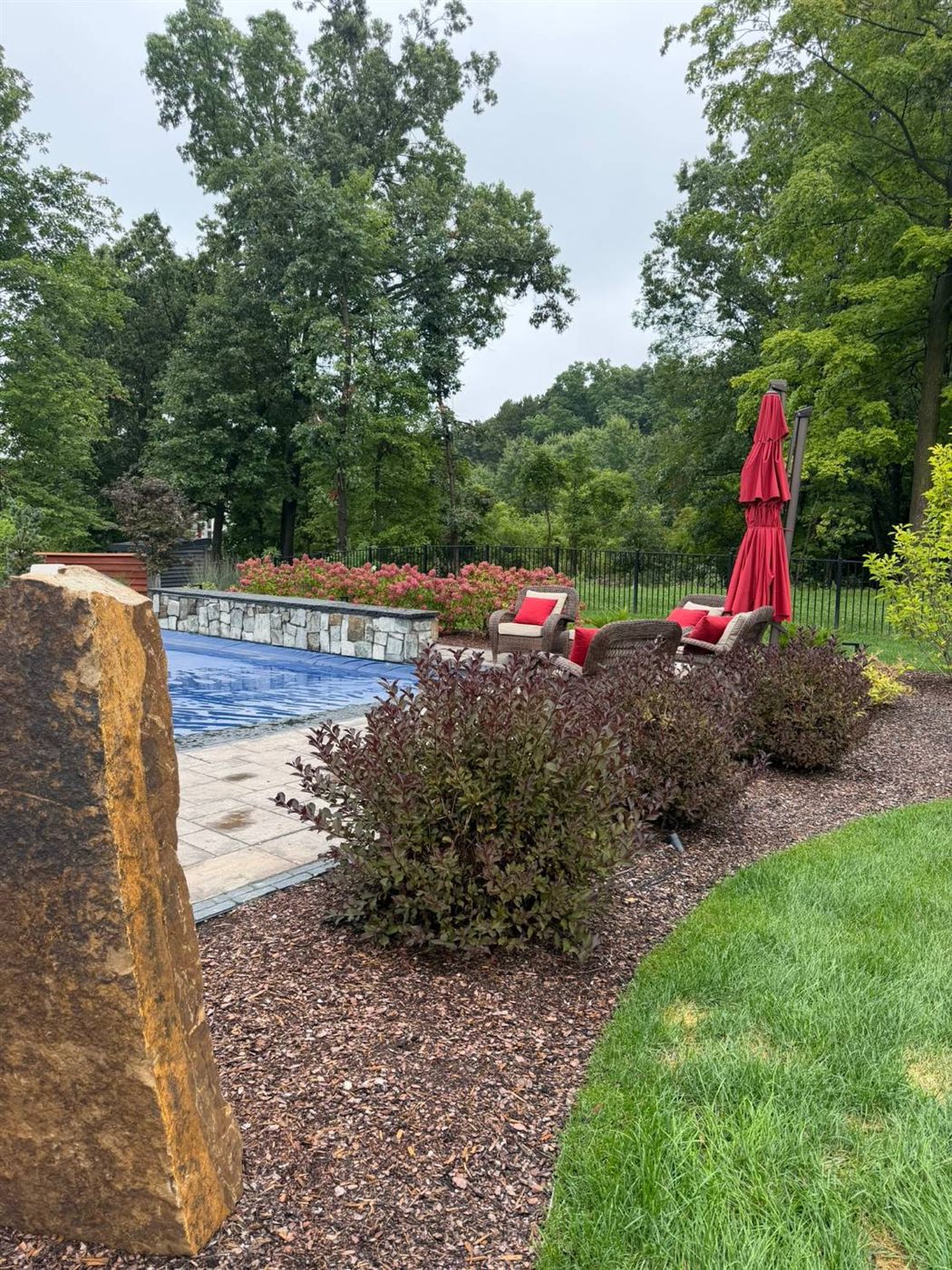 Accent boulder and shrubs in a mulched bed beside the pool